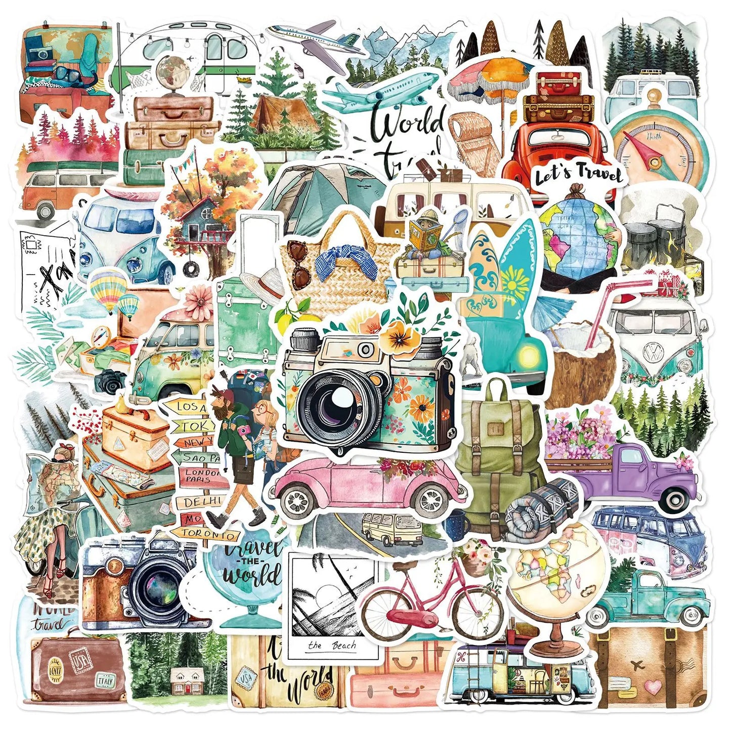 50pcs Cartoon Travel Graffiti Stickers for Helmet, Wall, DIY Decoration
