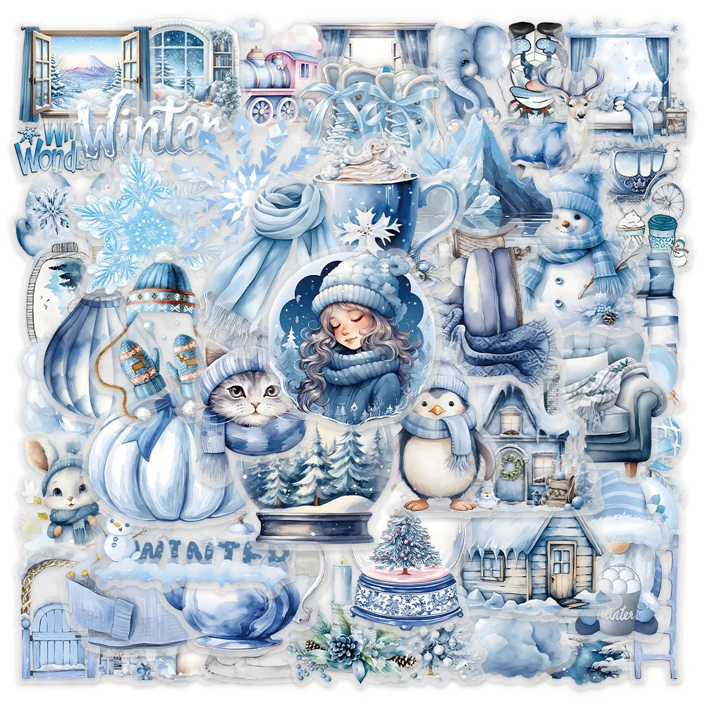 Blue Winter Cartoon Stickers PET Transparent Decals DIY Phone Bike Notebook Fridge Kids Gifts