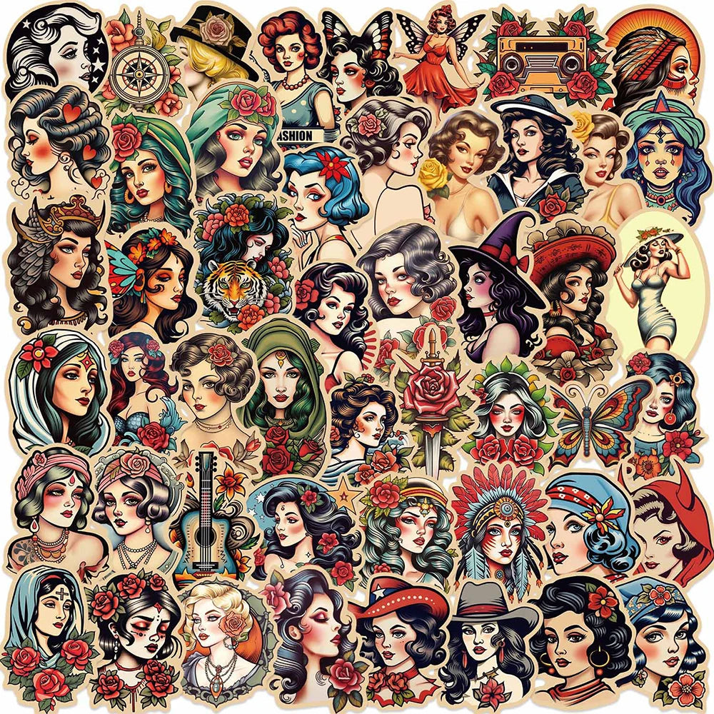 Retro Tattoo Girl Stickers Vintage Decals Waterproof 10/30/50pcs