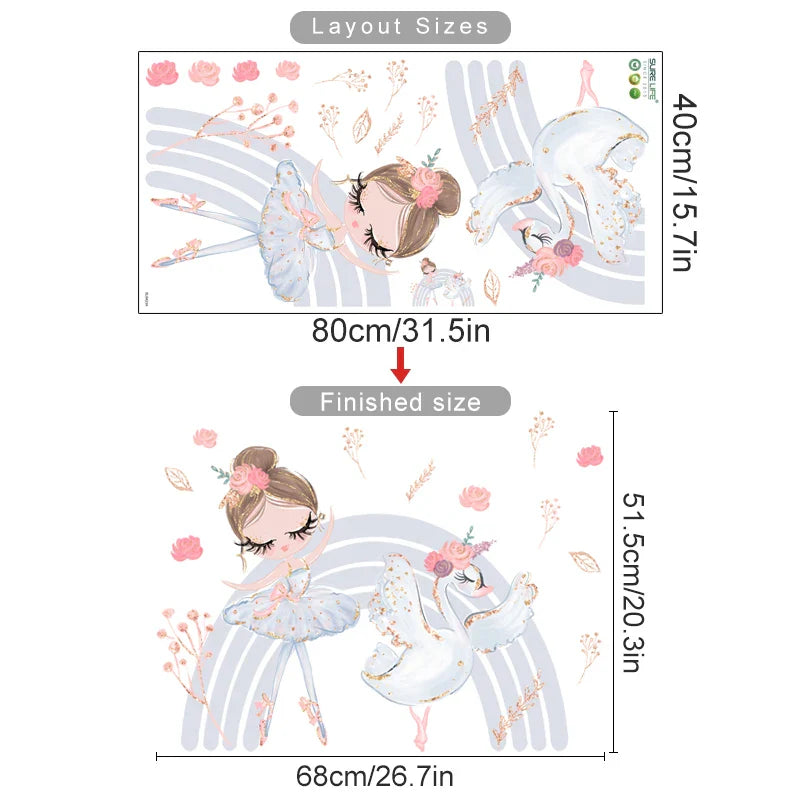 Pink Ballerina Unicorn Rainbow Wall Stickers for Kids Room Decor