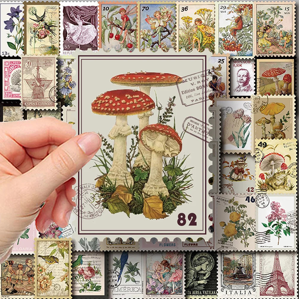 Vintage Stamp Flower Mushroom Butterfly Stickers for Laptop Luggage Skateboard Decals