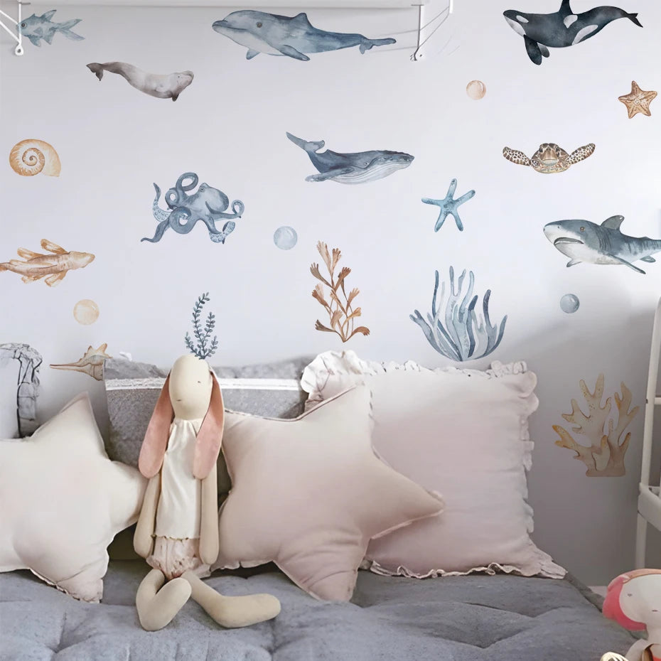 Cartoon Marine Animal Wall Stickers - Octopus & Sharks Decor for Bedroom & Nursery