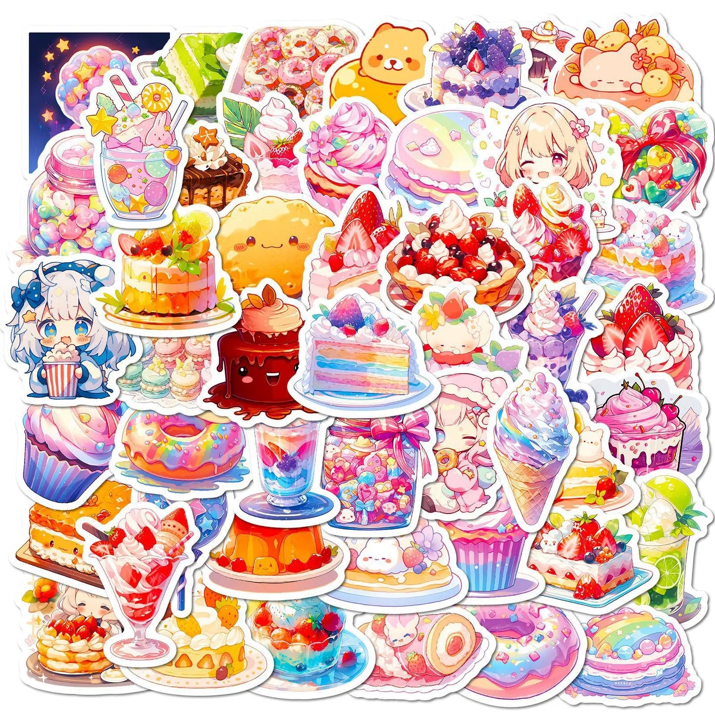50pcs Cute Dessert Graffiti Stickers for Helmet, Wall, DIY Decoration