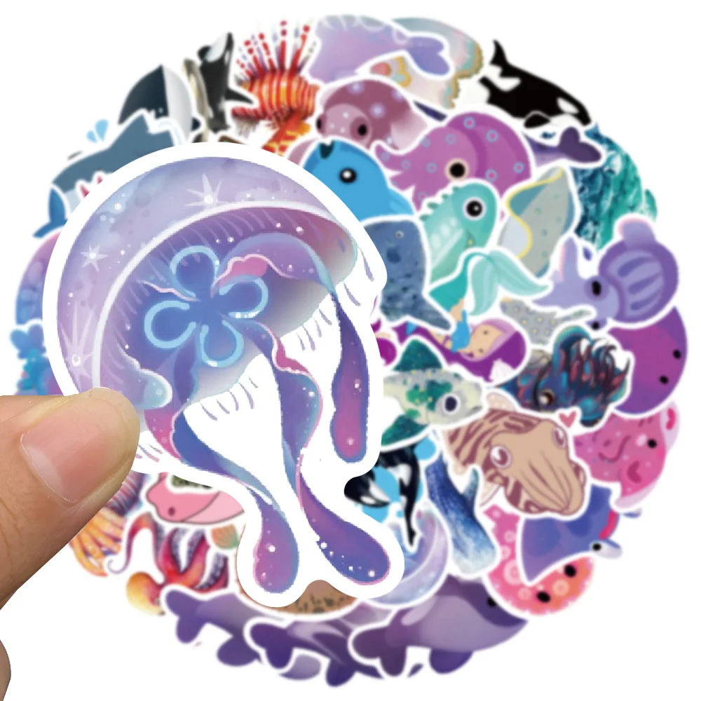 50pcs Cute Cartoon Ocean Series Animals Stickers For Luggage Laptop Guitar Skateboard Decor Waterproof Graffiti Car Decals