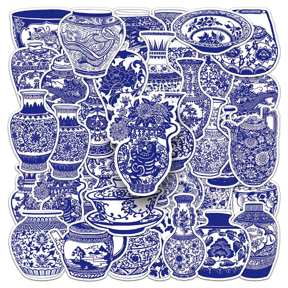 Blue White Porcelain Stickers 10/30/50PCS for Phone Laptop Luggage Skateboard Decals Kid Gift