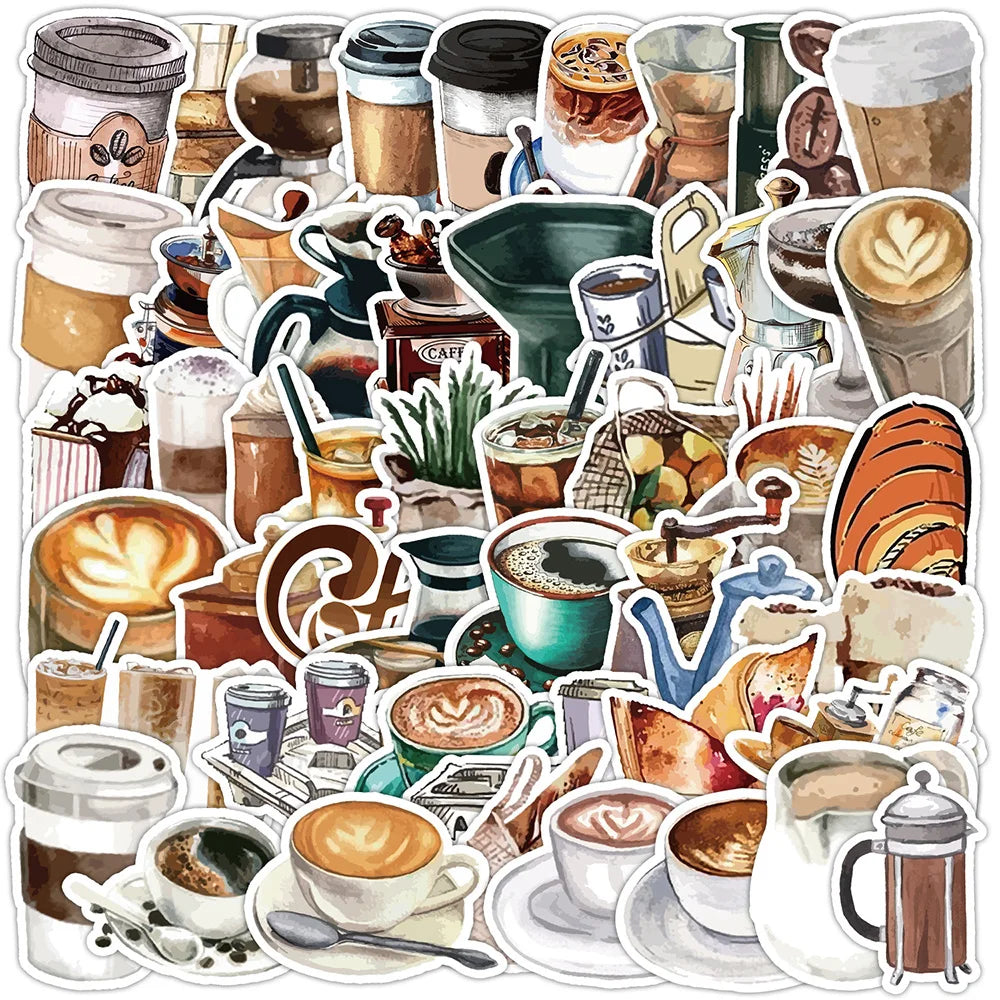 Coffee Cartoon Sticker Set for Phone Laptop Luggage Skateboard Kid Gift