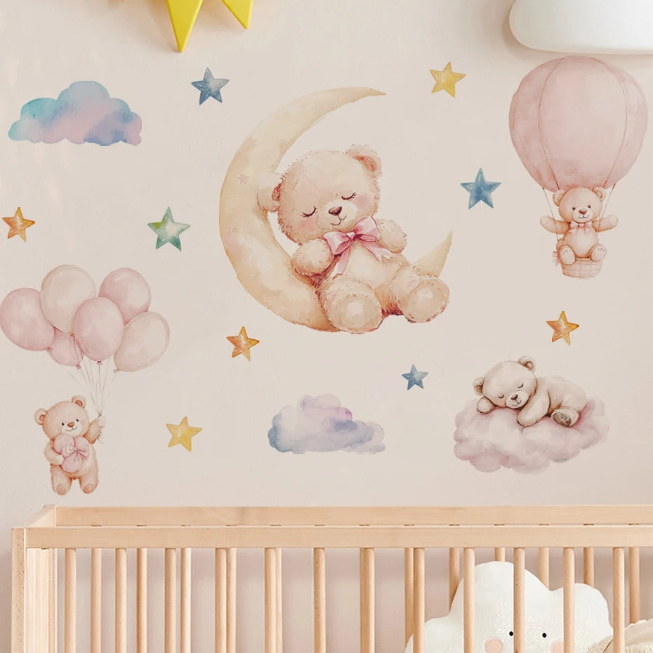 Cute Bear Moon Stars Wall Sticker for Kids Room Decor