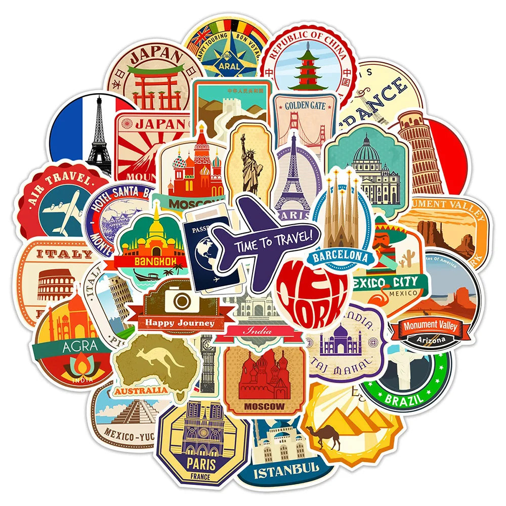 Vintage Travel Map Stickers Set: Laptop, Luggage, Skateboard Decals