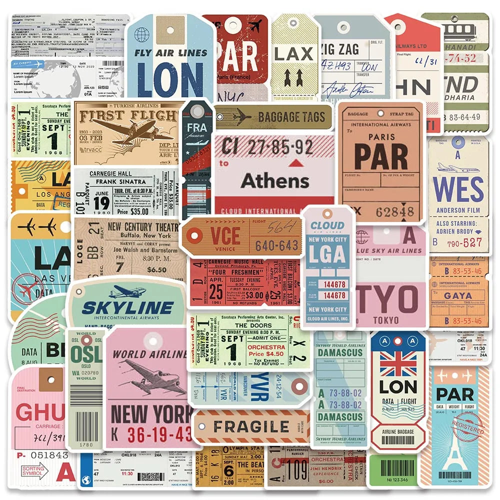 Vintage Travel Boarding Pass Sticker Set - Waterproof, Diary, Luggage, Helmet, Bottle