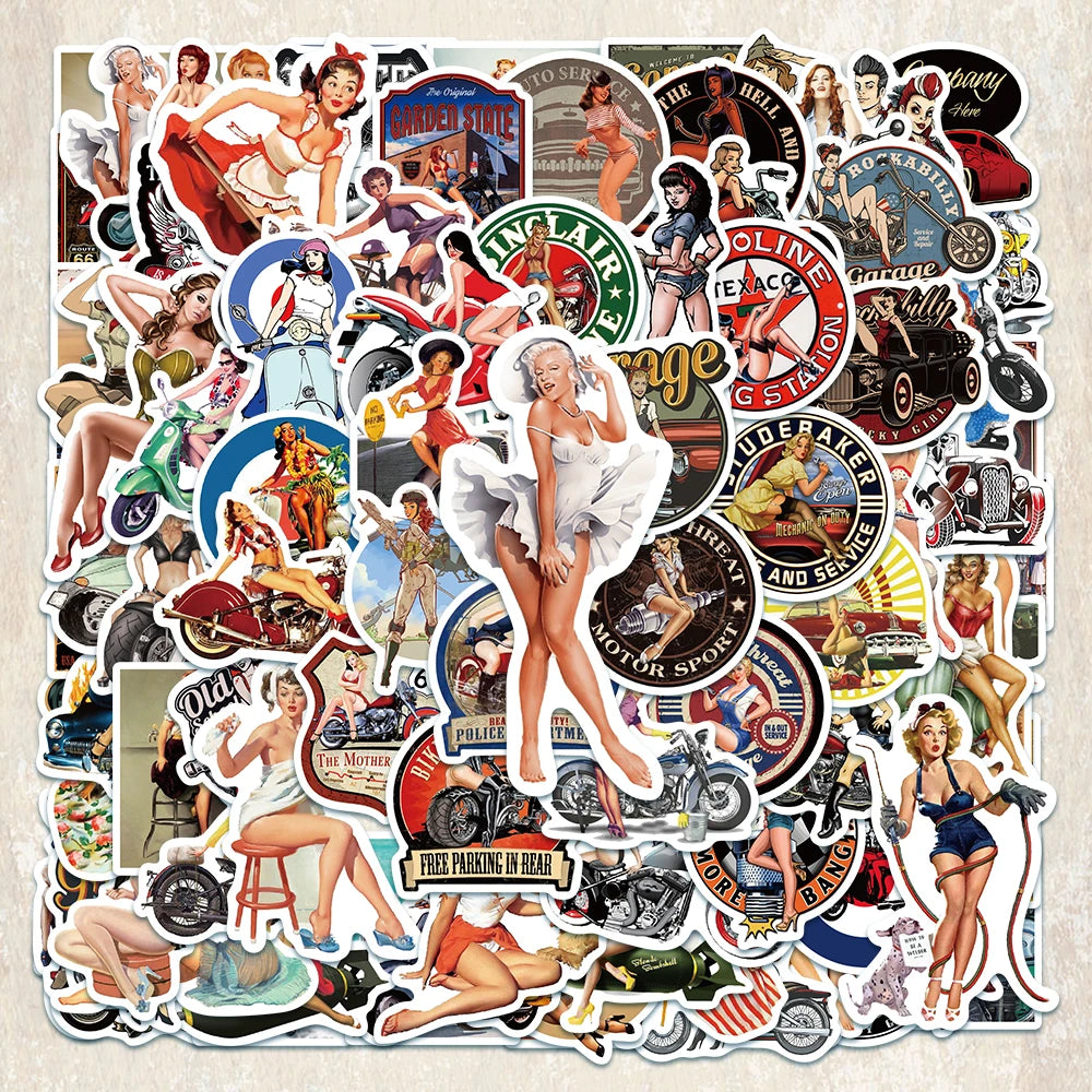 100PCS Retro Motorcycle Sexy Girl Graffiti Stickers Laptop Helmet Guitar Car Decals