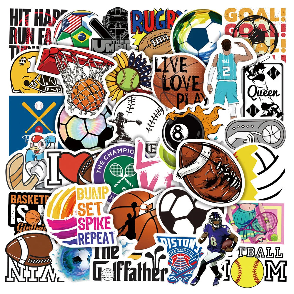 Sports Ball Stickers Pack: Football, Basketball, Rugby Decals for Laptop, Phone, Skateboard, Car, Motorcycle, Luggage