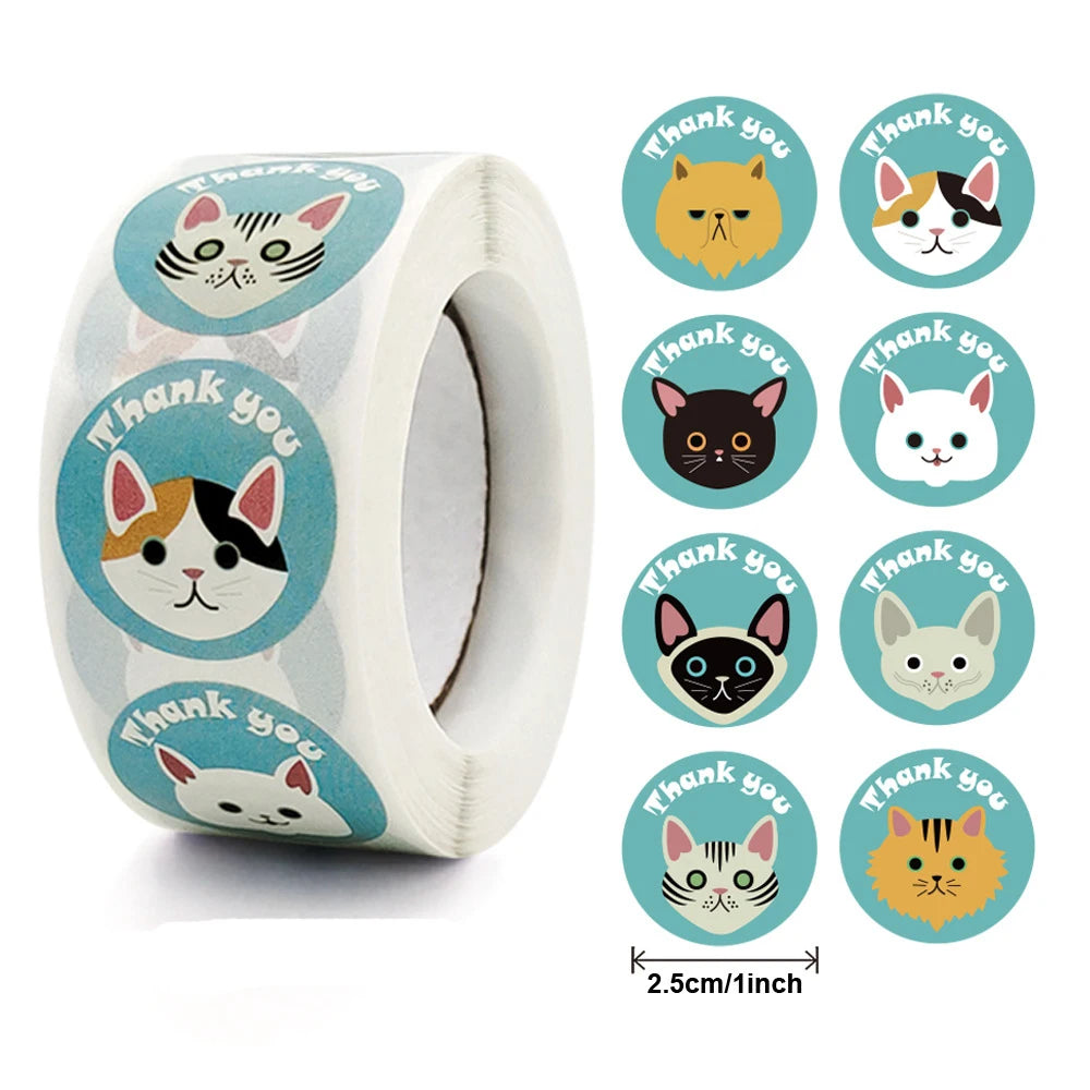 100-500pcs Round Cartoon Animals Thank You Stickers Cute Cats Teachers Reward Handmade Sealing Stickers Stickers