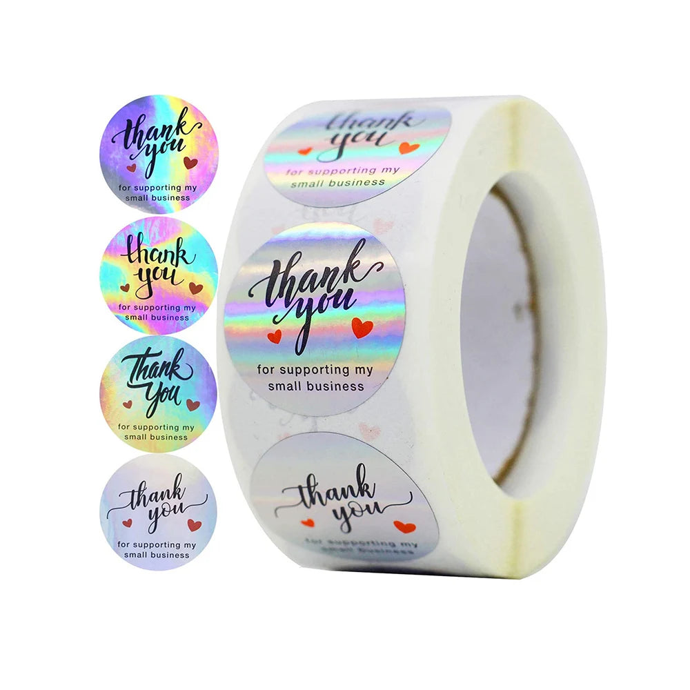 50-500PCS Holographic Rainbow Commercial Stickers Roll Thank You Adhesive Labels For Envelope Seal Business Gift Wapping