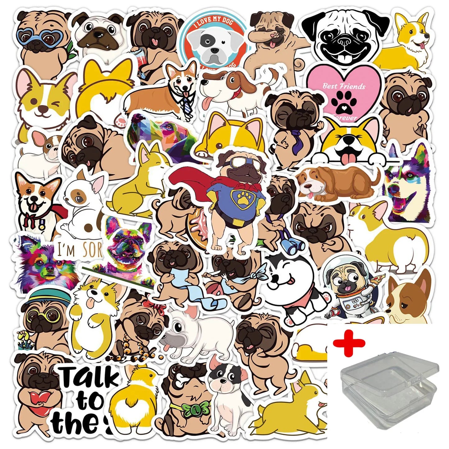 50pcs Cartoon Dog Stickers for Helmet, Wall, DIY Decoration with Storage Box