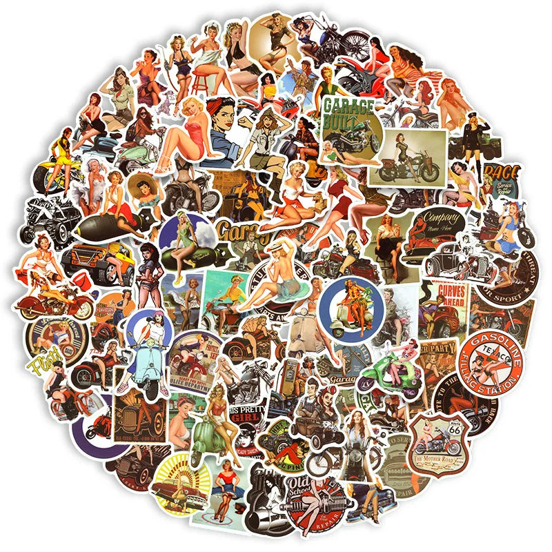 Retro Pin Up Girl Stickers Waterproof Decals for Water Bottle, Laptop, Luggage, Skateboard, Motorcycle (10/50/100pcs)