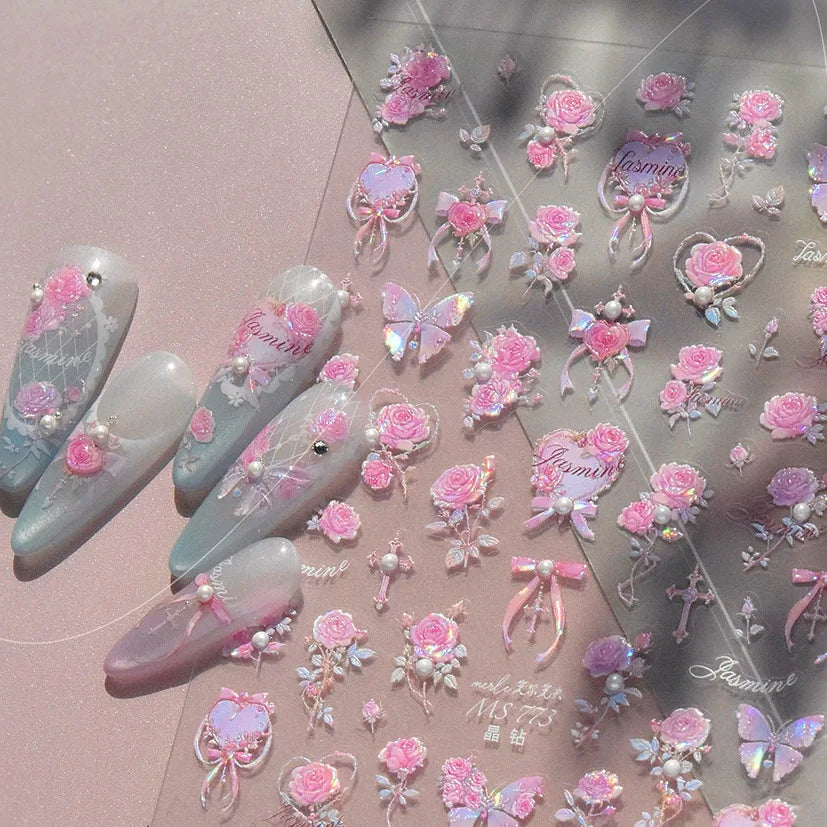 3D Pink Rose Butterfly Nail Art Stickers Spring Manicure