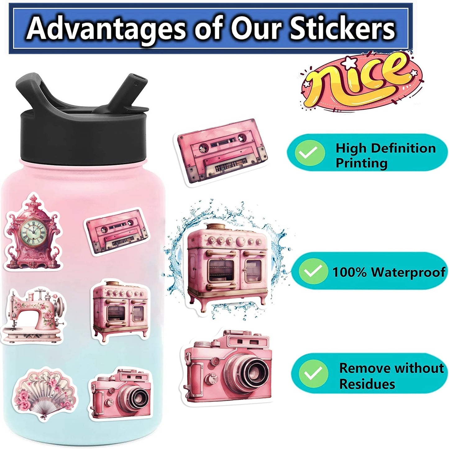 60PCS Cute Pink Girl Graffiti Stickers Aesthetic Decals for Water Bottles Laptop Scrapbook Phone Decoration Sticker Toys