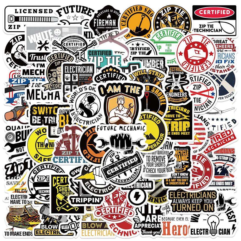 65PCS Funny Mechanic Electrician Sticker Pack for Helmet, Motorcycle, Car, Laptop, Bicycle