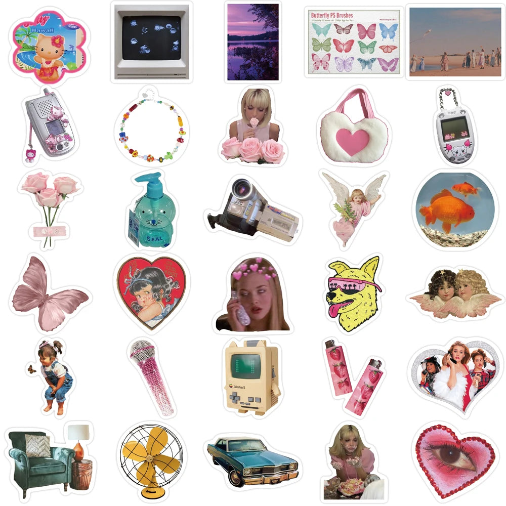 65Pcs Retro Millennium Stickers Cartoon PVC Waterproof Stickers Decals For Kids Boys Girls Toys Gifts