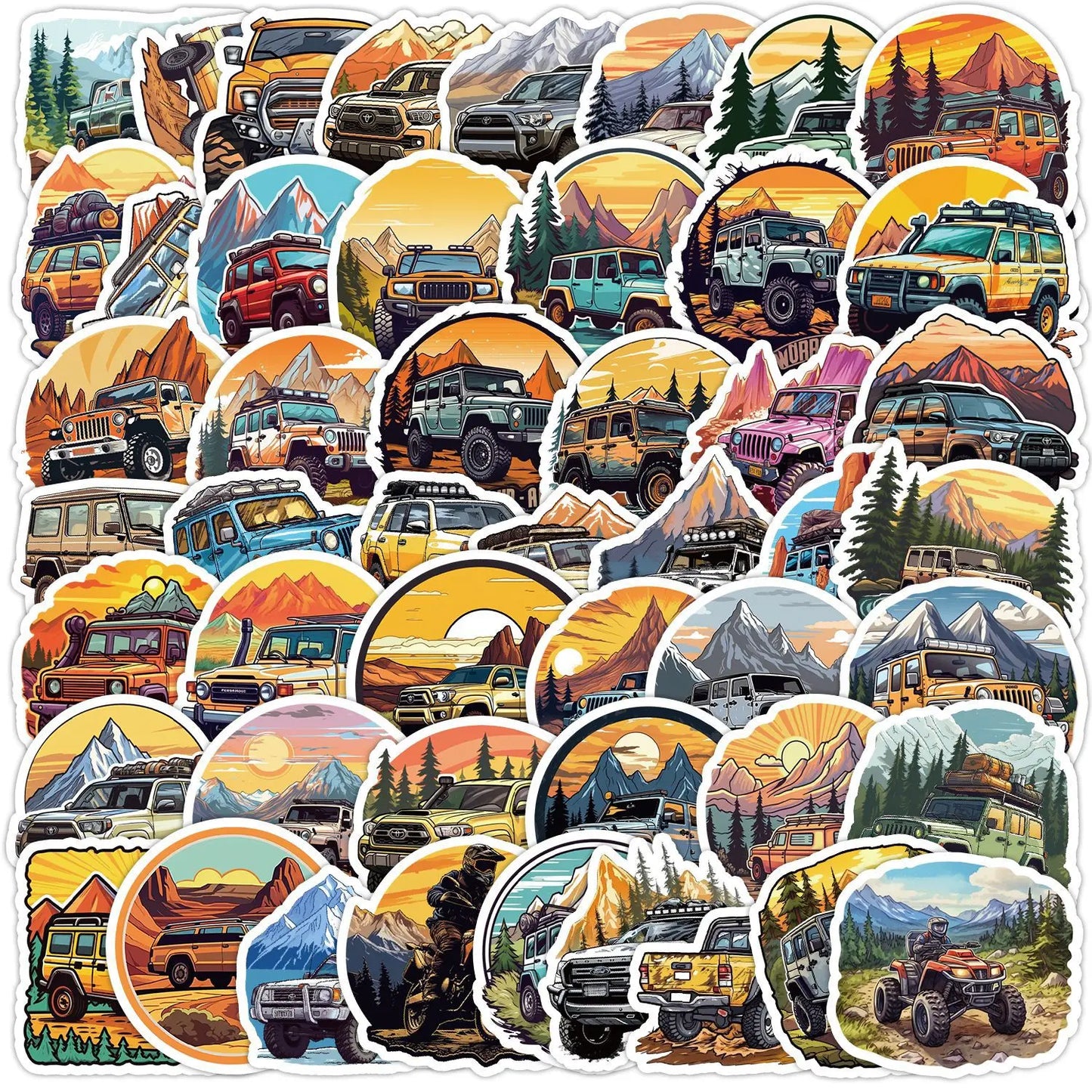 50Pcs Cartoon Mountain Off-road Vehicle Stickers for Helmet, Wall, DIY Decoration