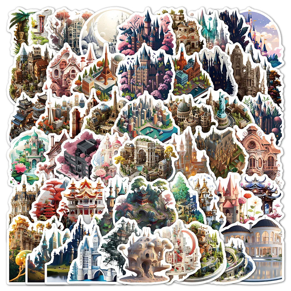 Kawaii 3D Anime City Building Stickers Cartoon Decals DIY Laptop Fridge Scrapbook Kids Toys