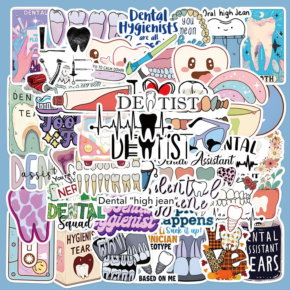 50Pcs Cartoon Teeth Health Stickers for Helmet, Wall, DIY Decor