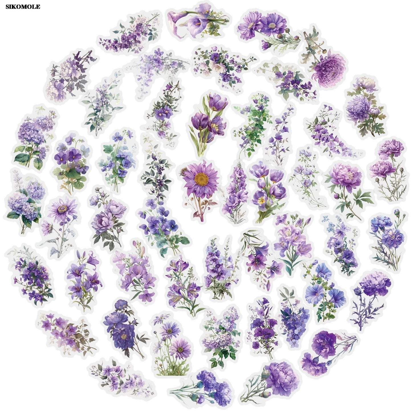 50PCS Romantic Purple Flower Stickers Transparent PET for Notebooks Laptops Skateboards Decals