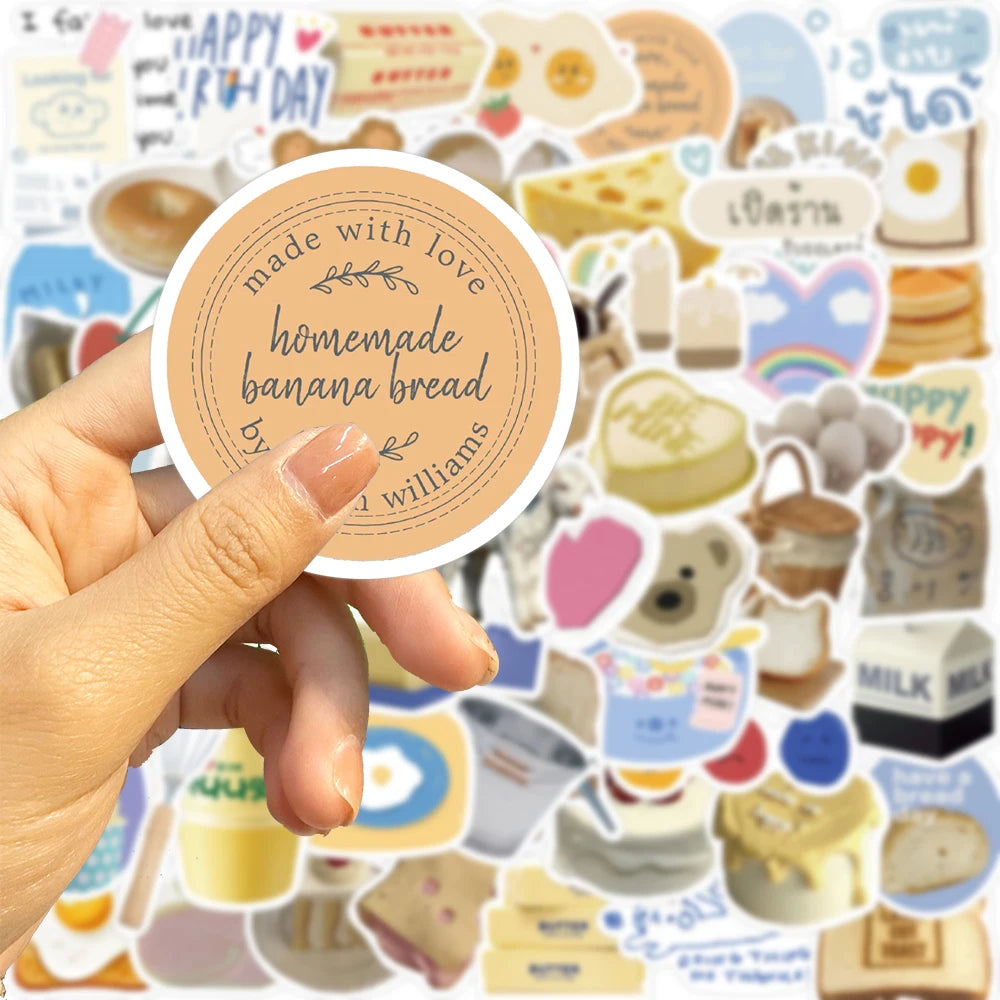 10/63pcs INS Wind Butter Bread Stickers Decals Cartoon Graffiti DIY Notebook Luggage Wall Decoration PVC Sticker