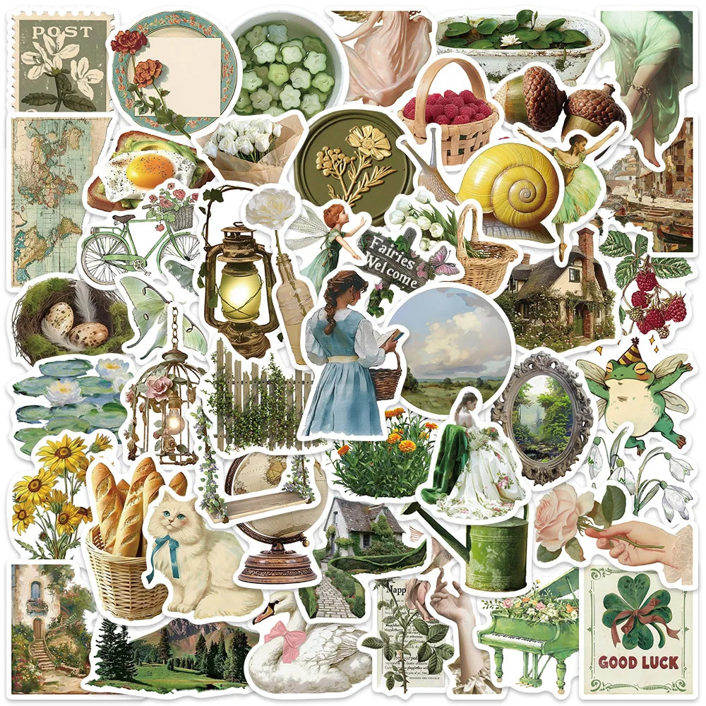50pcs Ins Style Retro Pastoral Aesthetic Green Art Stickers For Luggage Laptop Guitar Phone Waterproof Vinyl Bicycle Decals