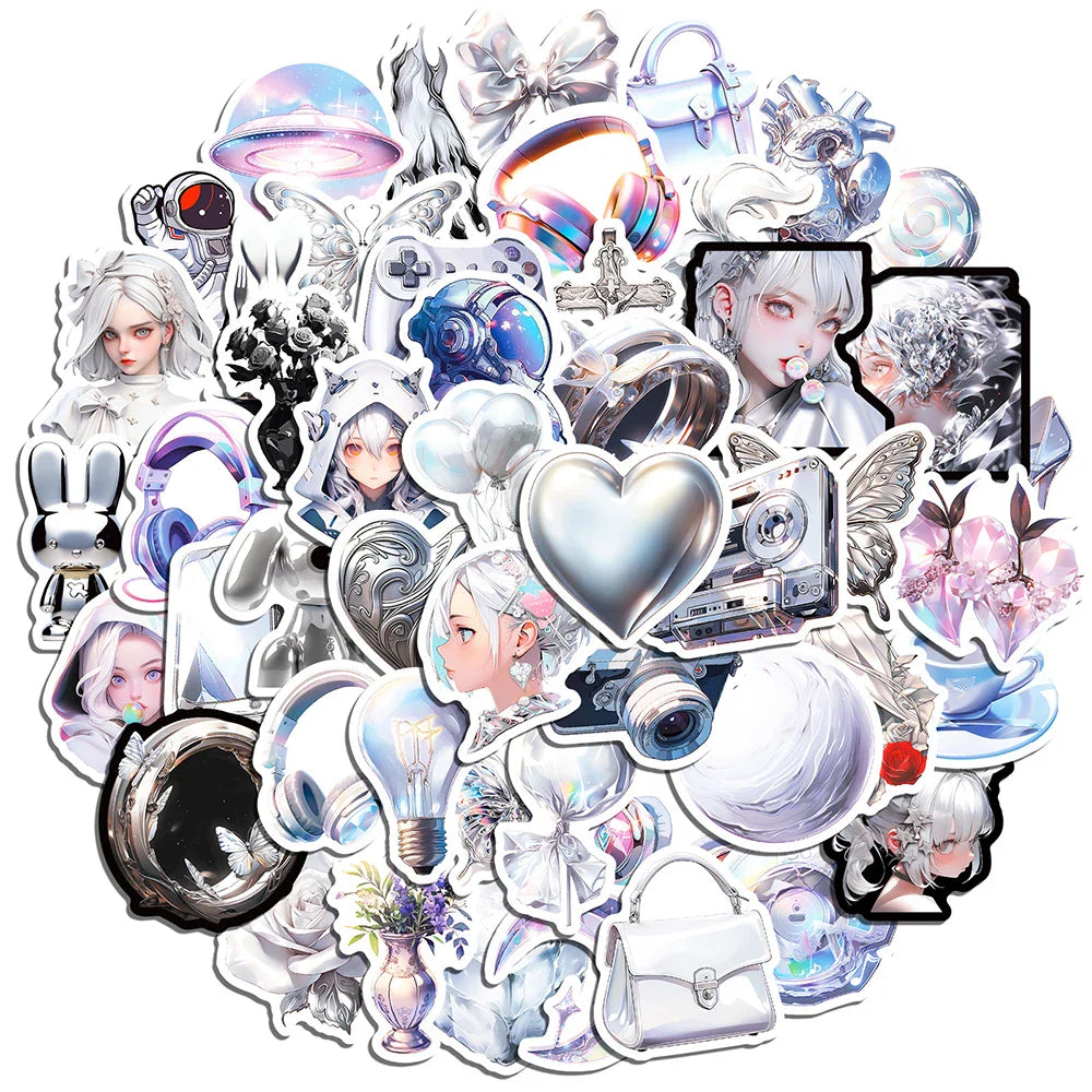 Silver Cartoon Graffiti Stickers Pack - Cute DIY Skateboard & Luggage Decor