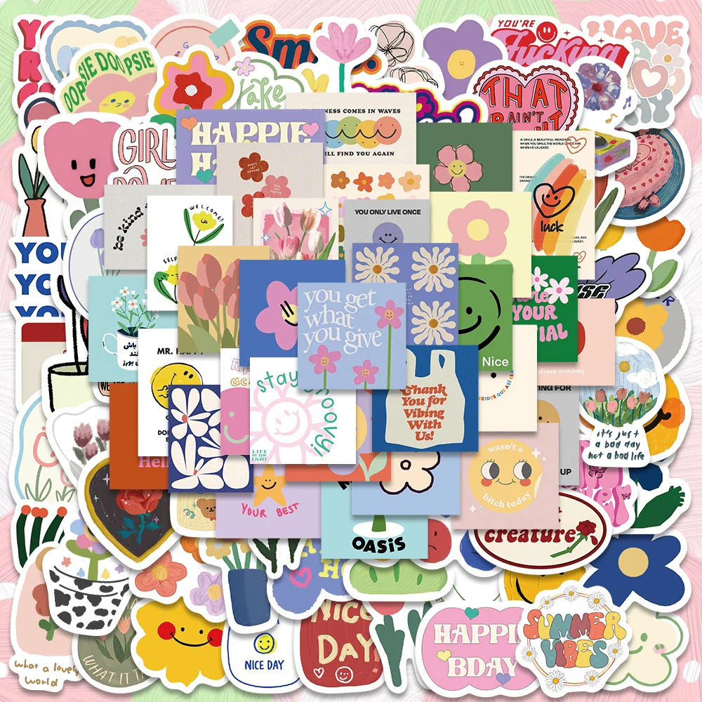 90PCS Kawaii Pink Cartoon Smile Flower Stickers Waterproof DIY Bike Luggage Laptop Decals