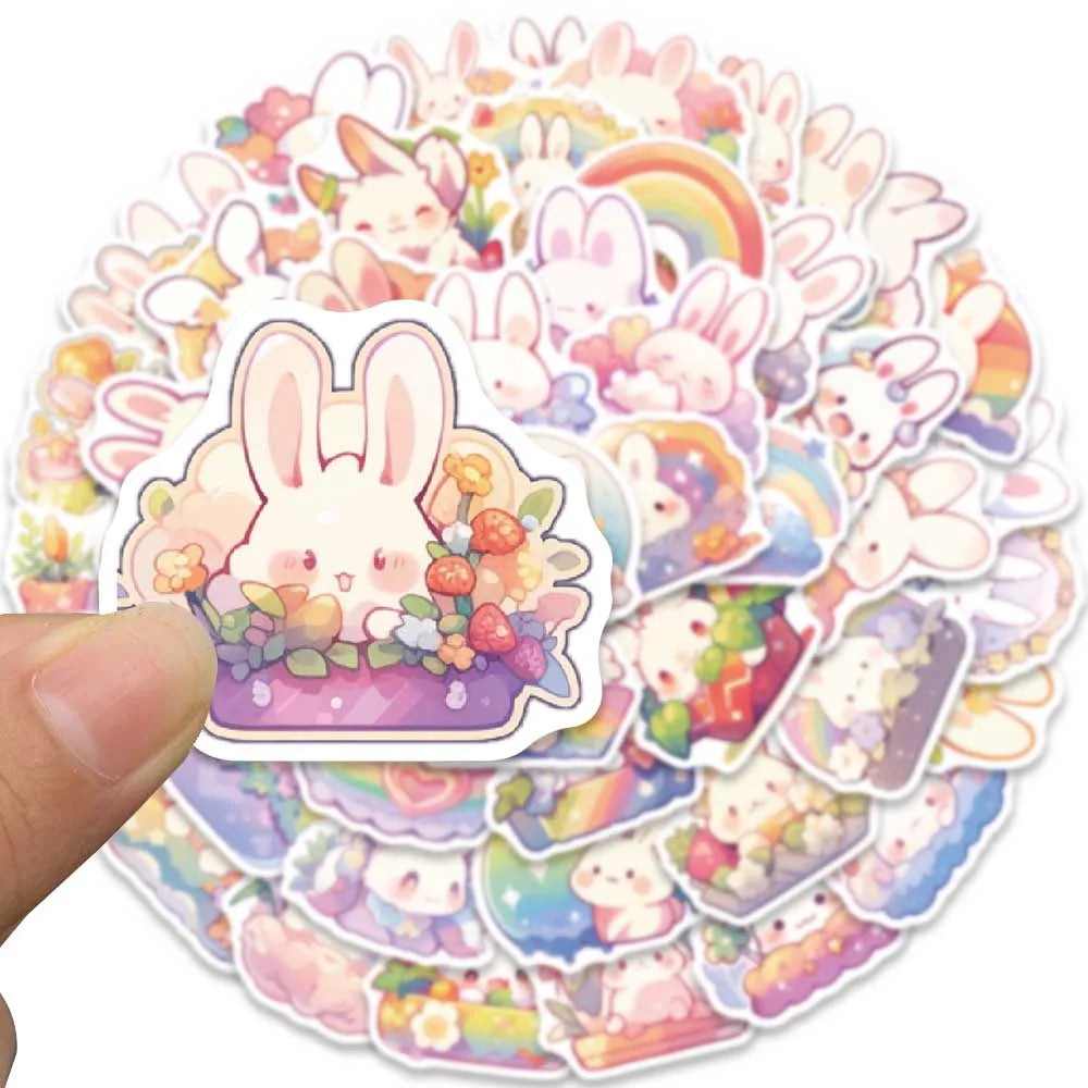 50pcs Cute Cartoon Rainbow Rabbite Animal Stickers For Laptop Phone Guitar Luggage Waterproof Graffiti Vinyl Car Decals