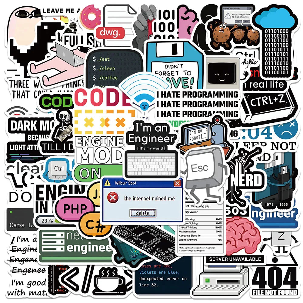 50pcs Funny Cartoon Software Engineer Stickers IT Programming Decals For Laptop Water Bottle Phone Geek Waterproof Graffiti