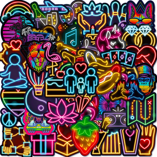 Neon Cartoon Stickers for DIY: Suitcase, Water Bottle, Phone, Laptop, Guitar, Car, Motorcycle, Skateboard (10/25/50pcs)