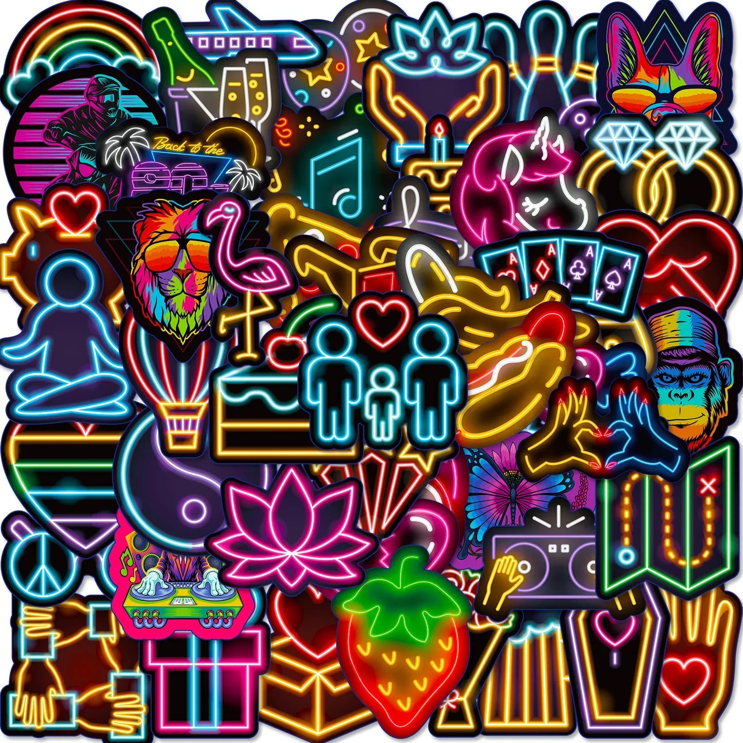 Neon Cartoon Stickers for DIY: Suitcase, Water Bottle, Phone, Laptop, Guitar, Car, Motorcycle, Skateboard (10/25/50pcs)