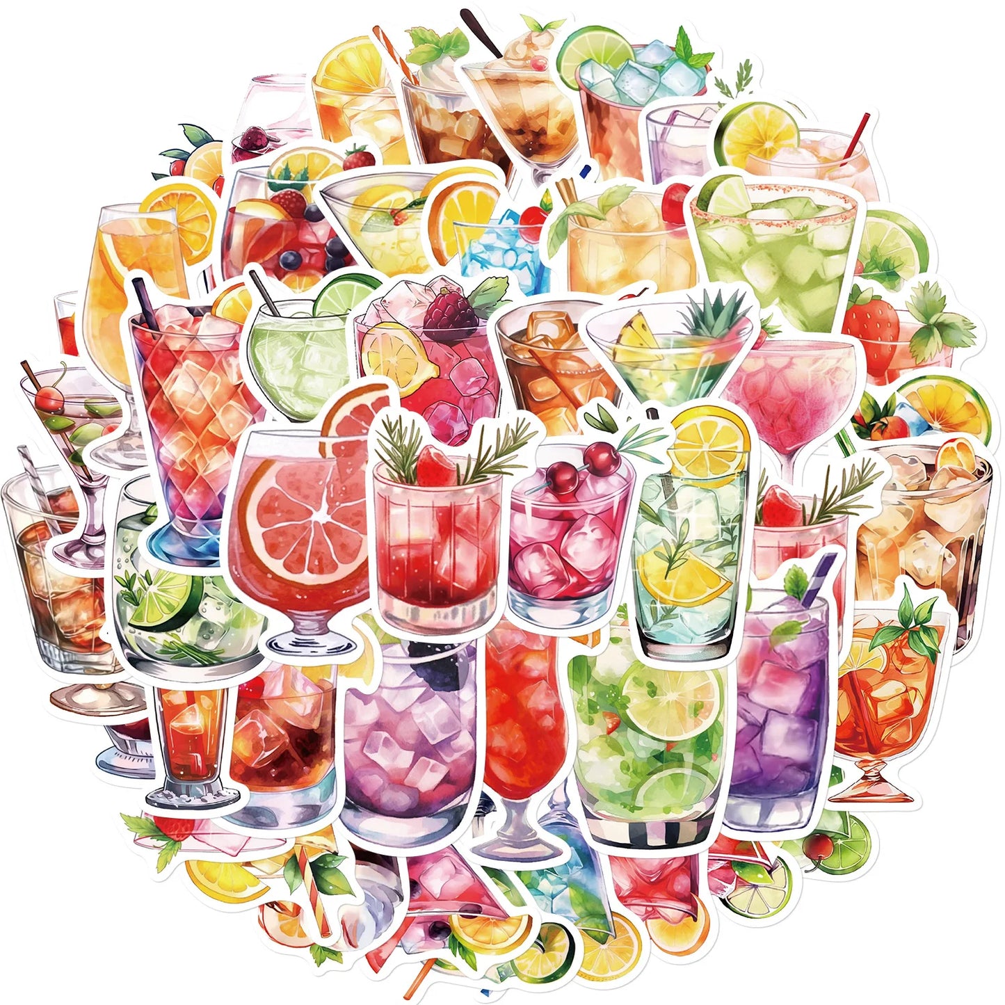 Watercolor Cocktail Glass Stickers Decal Set (10/30/50Pcs) for Laptop, Motorcycle, Luggage, Snowboard, Fridge, Car