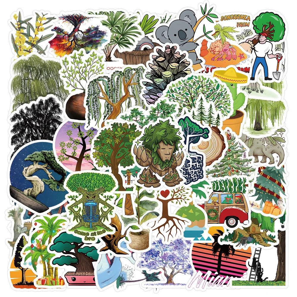 Vintage Cartoon Forest Tree Stickers Decals - Waterproof for Skateboard, Laptop, Car, Luggage, Fridge (10/30/50pcs)