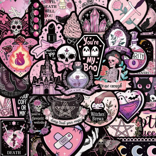 10/50pcs Dark Pink Halloween Gothic Skull Stickers Tarot Goth Decals Toy Skateboard Motorcycle Cool Horror Decoration Sticker