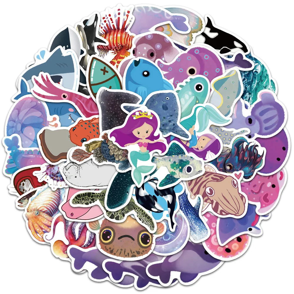 50pcs Cute Cartoon Ocean Series Animals Stickers For Luggage Laptop Guitar Skateboard Decor Waterproof Graffiti Car Decals