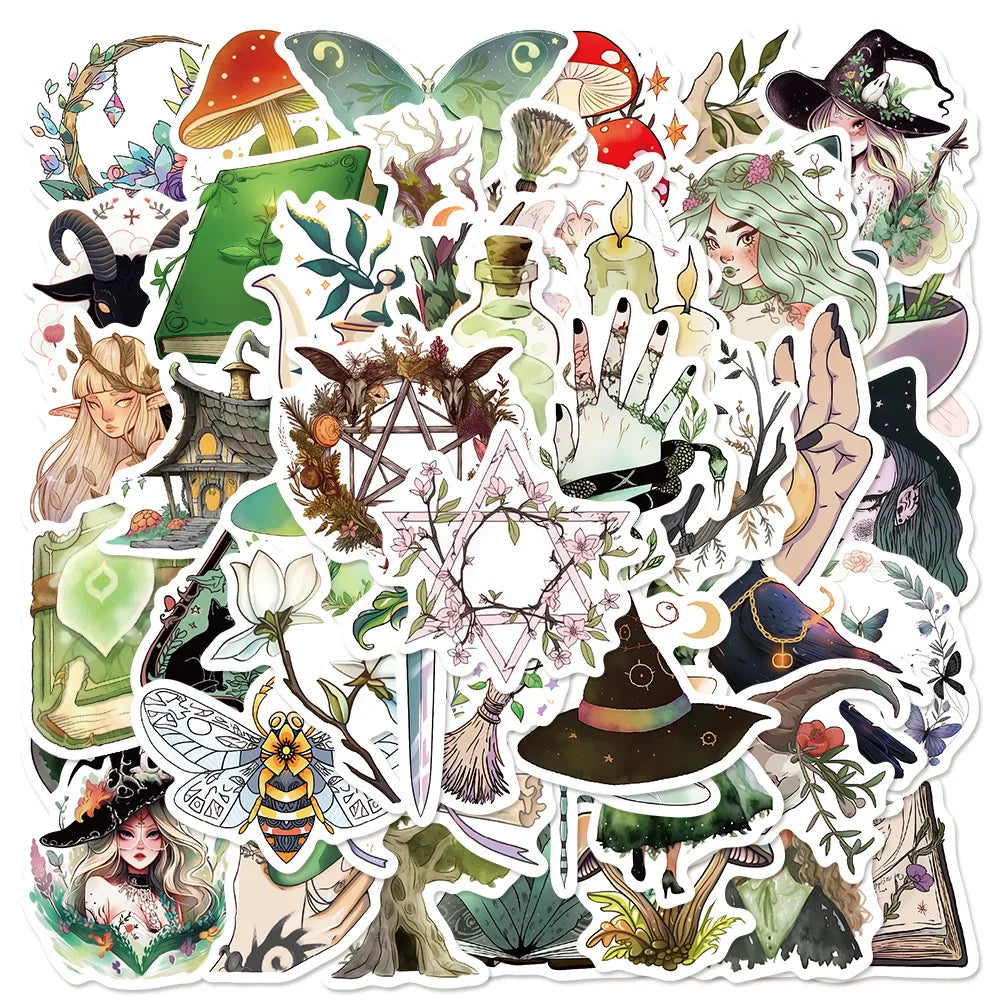 Green Forest Witch Stickers 10/30/50PCS for Phone Laptop Luggage Skateboard Kids