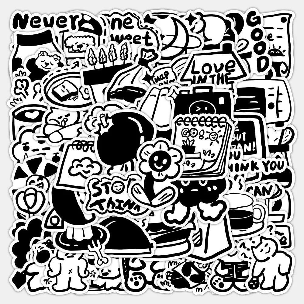 Black White Cartoon Stickers 10/30/60pcs Cute Decals DIY Scrapbook Phone Laptop Fridge Graffiti
