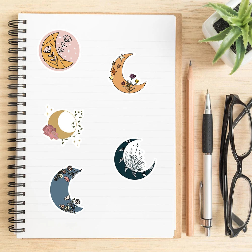 10/30/50PCS Pretty Bohemia Flower Moon Stickers Aesthetic Decoration DIY Skateboard Guitar Laptop Scrapbook Fridge Decals Toys