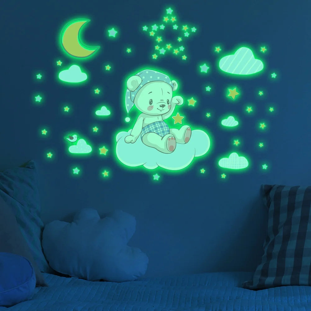 Glow in the Dark Bear Moon Cloud Wall Stickers for Kids Room Decor