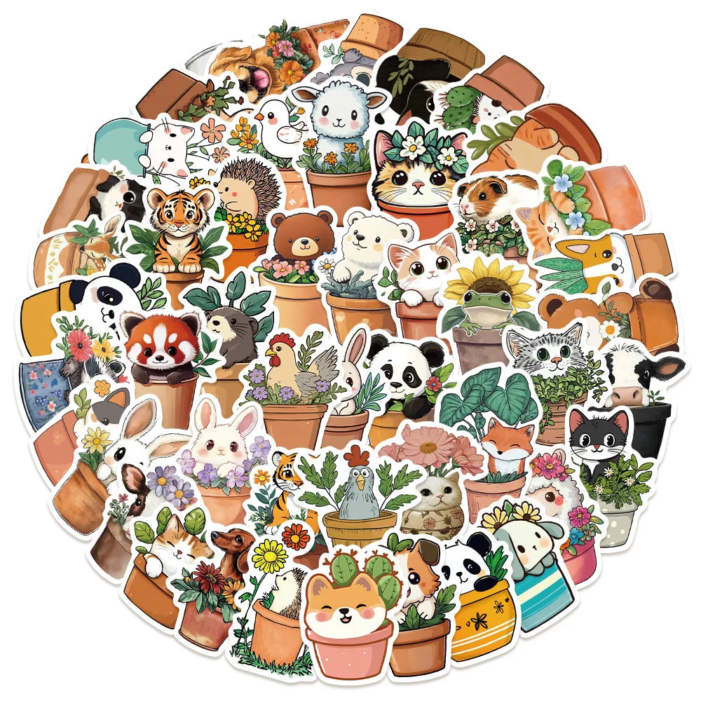 Cute Animal Flower Pot Stickers for Phone, Laptop, Luggage, Skateboard - 10/30/50PCS