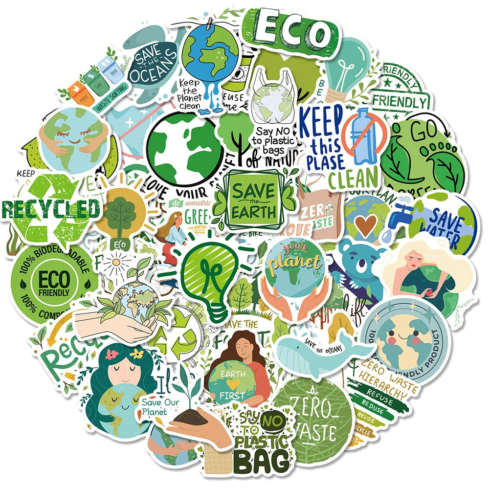 Green Ecology Stickers - 10/30/50pcs Waterproof Environmental Cartoon Decals for Notebook, Wall, Phone