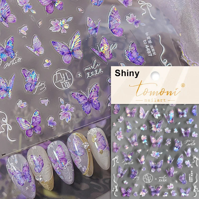 Purple Butterfly Nail Art Stickers - Laser Gold Trim