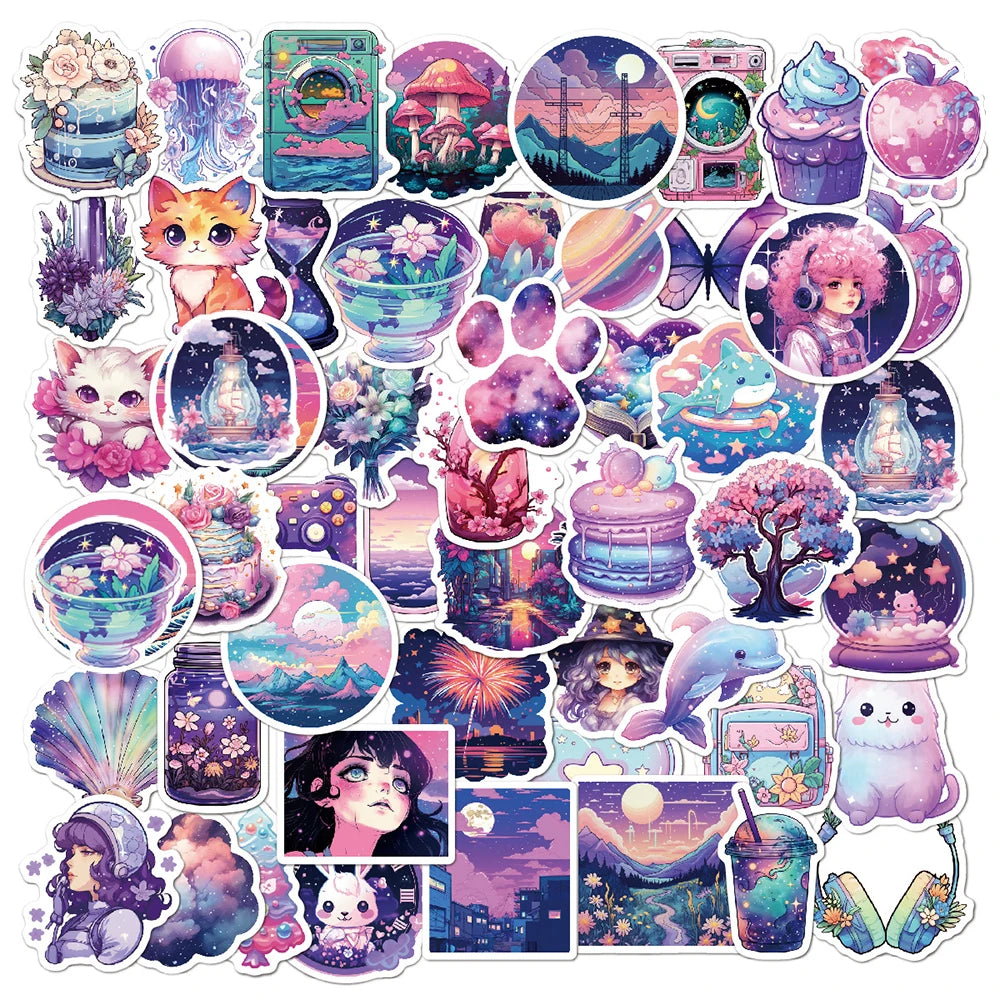 Fantasy Purple Cartoon Aesthetic Stickers for Laptop, Notebook, Luggage, Phone - 10/30/50pcs