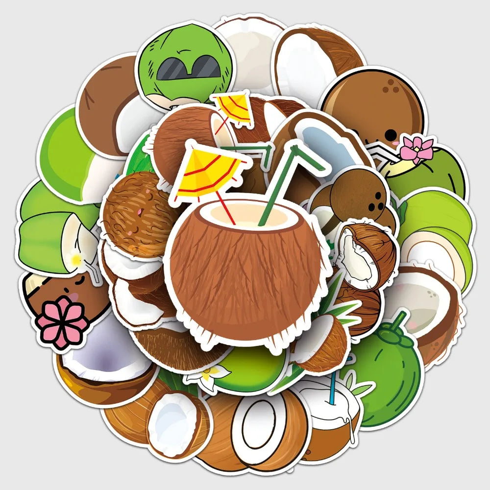 50PCS Summer Fruit Coconut Stickers for Phone Suitcase Scrapbook Scrapbooking Material Hawaii Sticker DIY Sticker