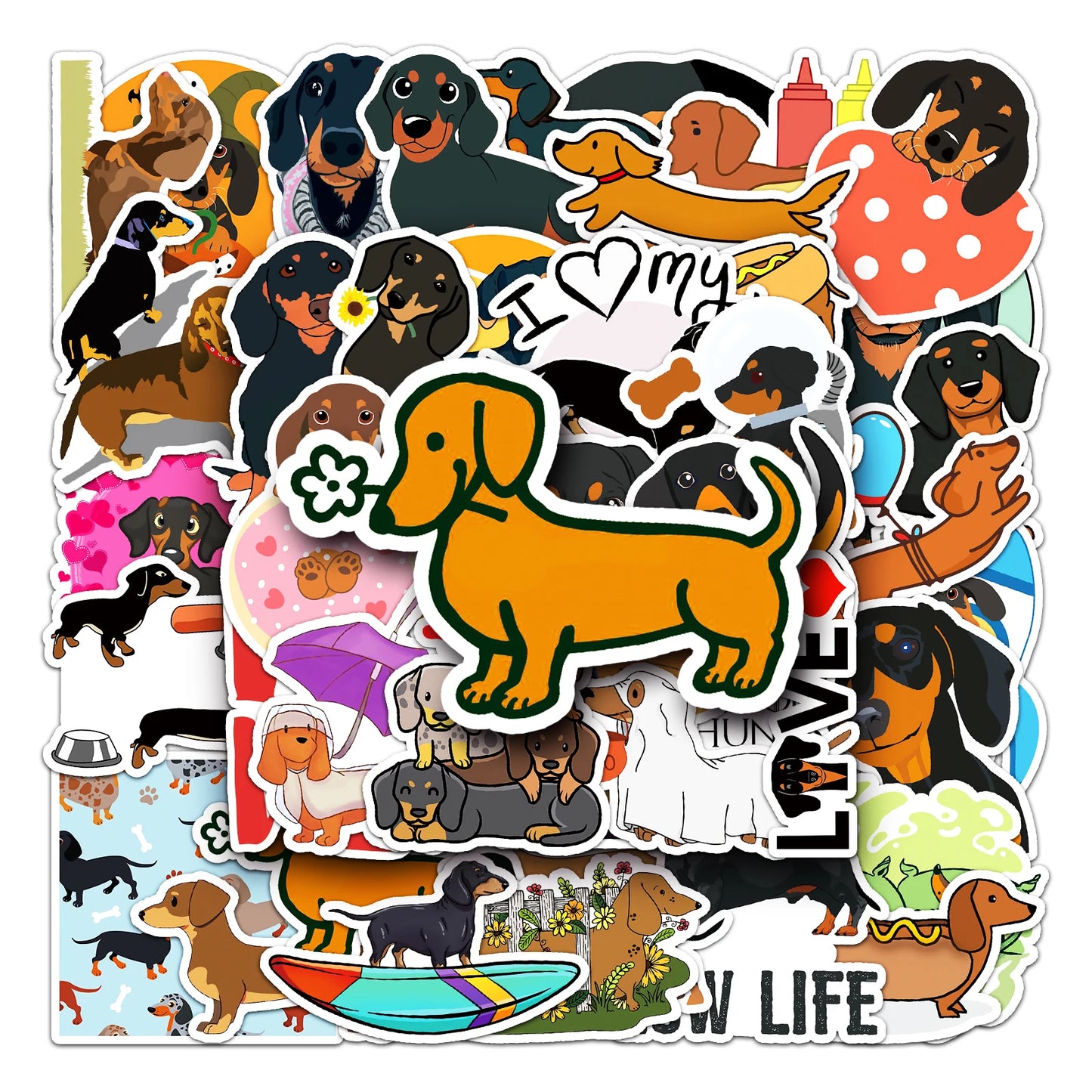 50Pcs Sausage Dog Cartoon Waterproof Vinyl Stickers for Skateboard Snowboard