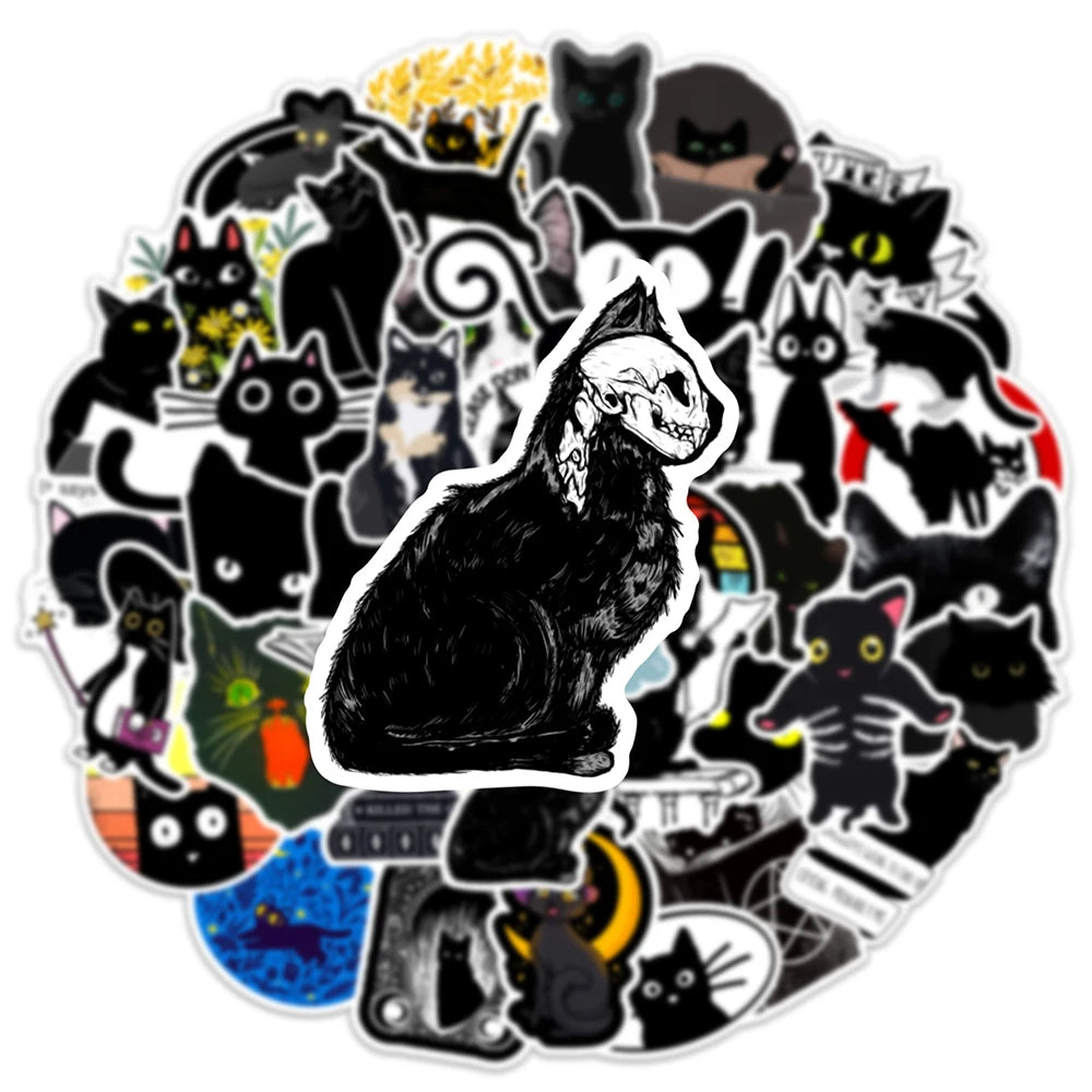 10/30/50/100PCS Cartoon Black Cat Stickers Scrapbook Phone Guitar Laptop Luggage PVC Waterproof Car Sticker Children Classic Toy